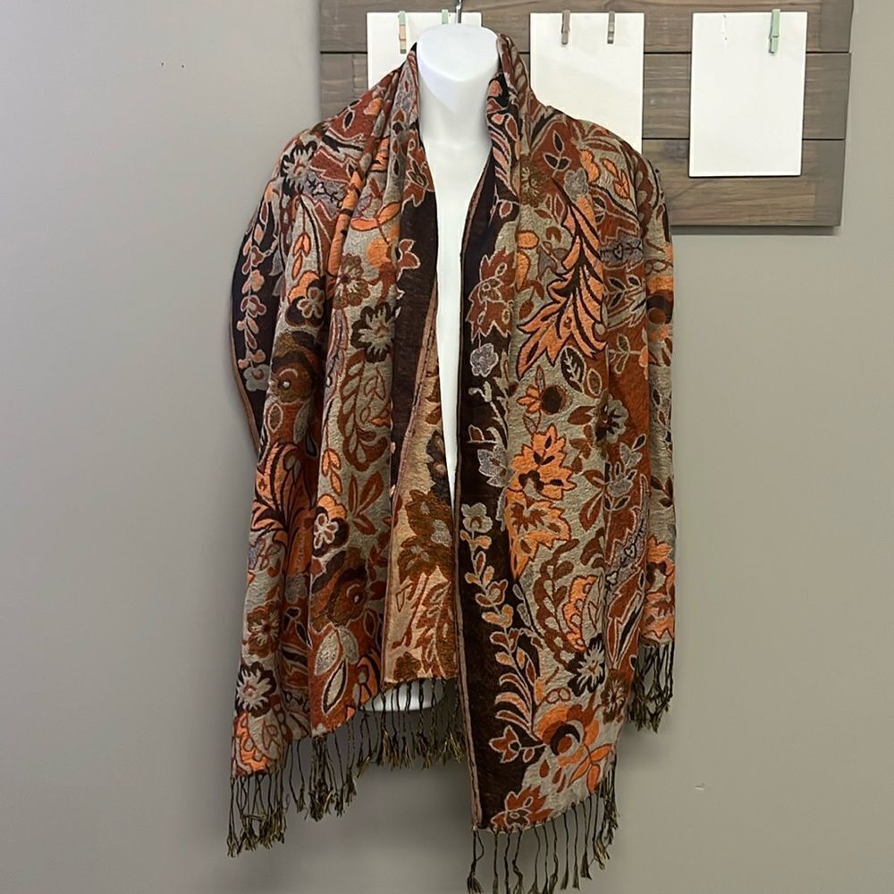 Fall Autumn Scarf Wrap with Fringe Leaves Colorful Thanksgiving Seasonal